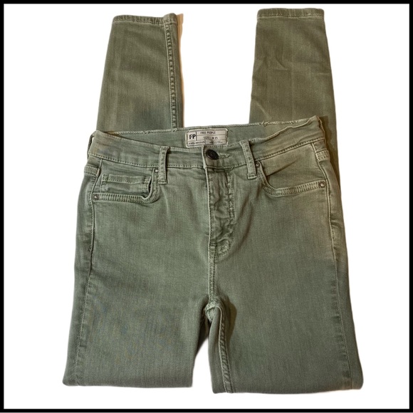 FREE PEOPLE HIGH-WAISTED OLIVE GREEN DISTRESSED SKINNY JEANS - Picture 8 of 12